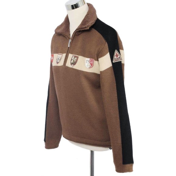 CAMPAGNOLO Brown Wool Blend Ski Theme Patches 1/4 Zip Sweater Vintage - Picture 2 of 7